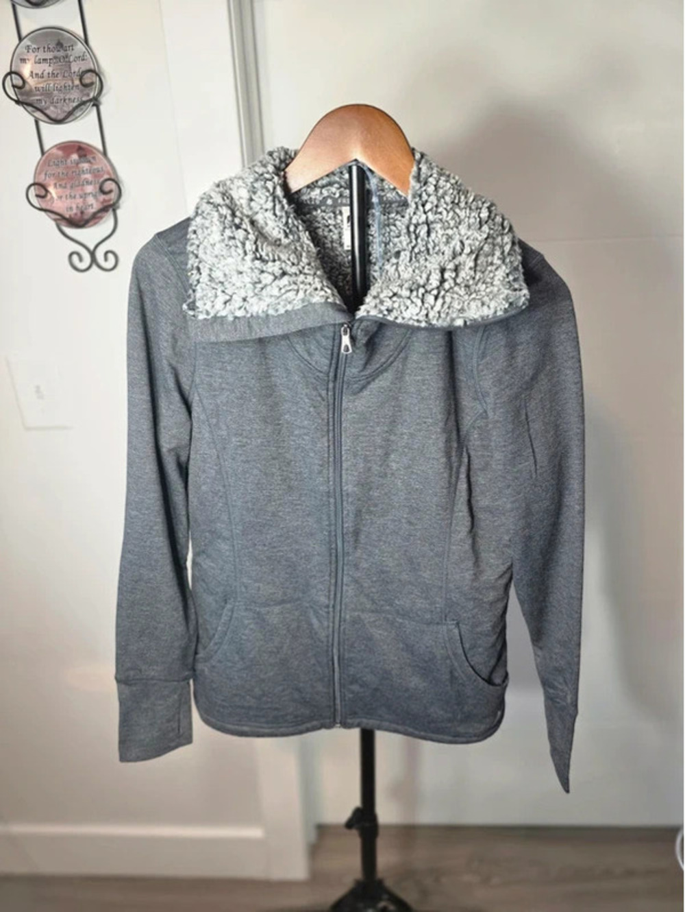 Free2B.  Cotton blend hoodie with sequined faux fur collar, gray zip-up jacket